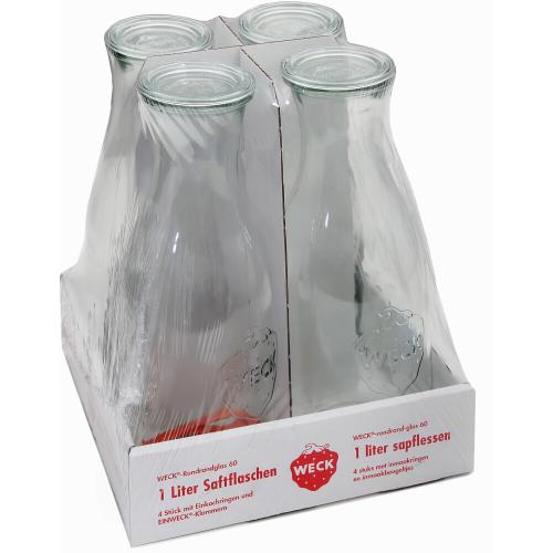 WECK Saftflasche 4er-Tray 1 l mit Ringen und Klammern