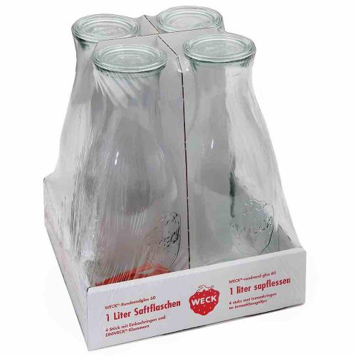 WECK Saftflasche 4er-Tray 1 l mit Ringen und Klammern