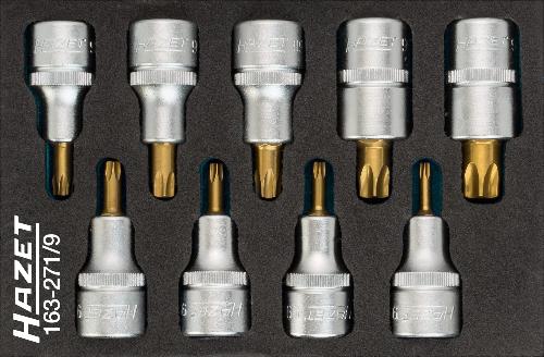 HAZET Schraubendreher-Steckschlüsseleinsatz Satz ∙ TORX® 163-271/9 ∙ 1/2 Zoll (12,5 mm) Vierkant hohl ∙ Innen TORX® Profil ∙ 9-teilig ∙ T20 – T60