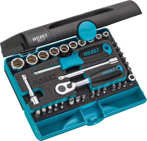 HAZET Steckschlüssel Satz 853-1 ∙ 1/4 Zoll (6,3 mm) Sechskant massiv, 1/4 Zoll (6,3 mm) Vierkant hohl ∙ Außen Sechskant-Tractionsprofil, Innen Sechskant Profil, Kreuzschlitz Profil PH, Schlitz Profil, Pozidriv Profil PZ, Tamper Resistant TORX® Profil