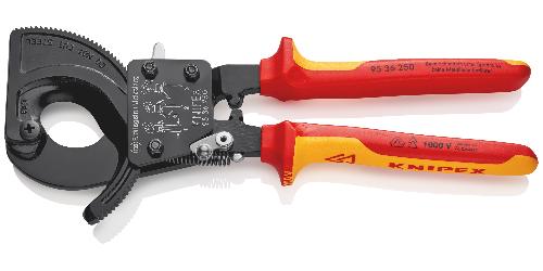 KNIPEX 95 36 250 Kabelschneider (Ratschenprinzip) isoliert mit Mehrkomponenten-Hüllen, VDE-geprüft schwarz lackiert 250 mm (SB-Karte/Blister)